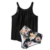 SUUKSESS Women Slimming Tummy Control Tankini Bathing Suits Ruffle High Waisted High Neck 2 Piece Swimsuits(Vintage Black Floral,L)