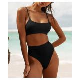 MELYUM Womens High Waisted Swimsuits Bottom Padded Bathing Suits Bikini Sets Top Two Piece Swimwear Black M