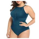 Aqua Eve Plus Size Women One Piece Swimsuit Tummy Control Bathing Suit High Neck Swimwear Blue Green 14W