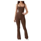 Tanou Flare Jumpsuits for Women Workout Strappy Square Neck Bodycon Bodysuit Jumpsuit, Coffee Brown L