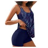 Yonique Two Piece Tankini Swimsuits for Women Flowy Tankini with Shorts Modest Bathing Suits Blue M