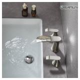 Brushed Nickel Bathroom Sink Faucet 3 Hole, Sanliv 8 Inch Widespread Waterfall Bathroom Faucet, Two Handle RV Vanity Faucets for 3 Hole Sink with Pop Up Drain - Retail: $83.25