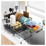 Laveshop Dish Drying Rack   Expandable Dish Rack, Large Capacity Dish Drainer for Kitchen Counter, Rust Proof with Utensil Holder, Black