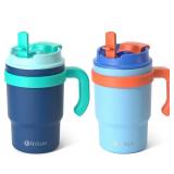 Fimibuke 16oz Kids Insulated Tumbler with Handle & Straws   2 Pack BPA FREE 18/8 Stainless Steel Toddler Cups with Sip/Swig 2 in 1 Lids, Leak Proof Kid Drinking Cup Travel Mugs for Children Boys Girls