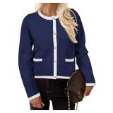 PRETTYGARDEN Womens 2024 Cardigan Sweaters Fall Casual Long Sleeve Button Up Knitted Shirts Jackets (Navy,Medium)