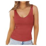 PINKMSTYLE Womens Basic Double Lined V Neck Tank Tops Slimming Workout Summer Tops Sleeveless Shirts Rust Red Small