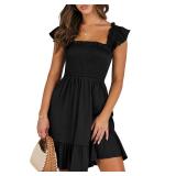 ANRABESS Womens Summer Casual Sleeveless Square Neck Smocked Ruffle Backless Boho Mini Dress 2024 Trendy Short Sundress Black Small