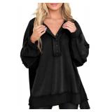 AlvaQ Womens Oversized Button V Neck Sweatshirts Outfit Casual Loose Hoodies Fashion Fall Winter Clothes 2024 Pullover Tunic Henley Tops Black X Large