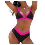 Blooming Jelly Womens Sexy Bikini Color Block Cheeky Swimsuit Triangle 2 Piece Bathing Suit 2024 (Large, Black Pink)