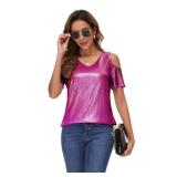 BILIKE JOMEX Womens Glitter Metallic Tops Sexy Cold Shoulder V Neck Sparkly Dressy Party Concert Blouse Hot Pink S