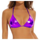 Gatielzana Metallic Crop Top Shiny Triangle Bralette Rave Bra Swimsuit Top, Purple, S