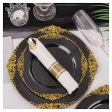 Nervure 175PCS Black Plastic Plates   Disposable Black Gold Party Plates & Pre Rolled Napkins with Cutlery for 25 Guests, 50Plates, 75Silverware, 25Cups, 25Napkin for Wedding & Party & New Year