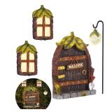 Jauay Miniature Fairy Garden Accessories Fairy Door and Windows for Trees, Glow in The Dark Yard Garden Sculpture Lawn Ornament Mini Garden Art Outdoor Decor Accessories with Lantern