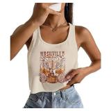 Nashville Music Crop Tops for Women Sexy Country Music Crop Shirt Tops Vintage Guitar Wings Graphic Tank Tops(S,Beige b)