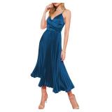 ZAFUL Womens Satin Sexy Backless Wrap V Neck Sleeveless Spaghetti Strap Pleated Flowy Party Midi Dress