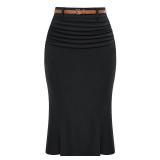 Belle Poque Womens Elegant Ruched Pencil Skirt Black High Waist Midi Business Skirts with Belt L