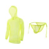 GENEMEN Mens Fishnet Hoodie Mesh Shirt See Through Undershirt Net Top Long Sleeve Muscle Shirts (Set Fluorescent Green, M)