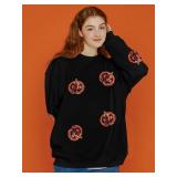 VILOVE Halloween Pumpkin Sequin Sweatshirt Women Pumpkin Face Long Sleeve Tops Fall Pumpkin Hoodie Halloween Party Pullover Black