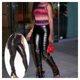 Stacked Faux Leather Leggings, Sexy Women High Waisted Pleated Leather Tights Splits Hem Pants Black M