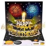 INPHER DIY Age Birthday Cards Fireworks Pop Up Cake Light and Music Black and Gold Happy Birthday Card Gift for Husband, Men, Women, Mom, Grandma