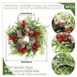 Lyrow 4 Pcs Christmas Candle Rings Wreath Norfolk Pine Garland Red Berry Pinecones Wreaths Artificial Berries Snowy Pine Garland Candle Ring Holder for Christmas Wedding Home Table Centerpiece