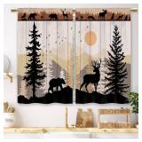 Laifzere Farmhouse Forest Cabin Kitchen Curtains Rustic Wooden Small Short Cafe Window Curtains Tree Country Deer Bear Rod Pocket Bathroom Window Drapes Treatment Tier Curtains 2 Panels (26x24 Inch)