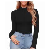 MANGOPOP Long Sleeve Body Suit Mock Turtle Neck Zip Up Bodysuit for Women Ribbed Deep V Sexy Bodysuit Shirts S