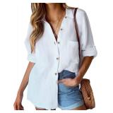 HOTOUCH White Button Down Shirt Women V Neck Collared Long Sleeve Casual Business Plain Cotton Blouses Tops White S