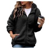 Vipwest Womens Full Zip Fleece Jacket 2024 Long Sleeve Hooded Sherpa Coats Flannel Coatigan Jackets with Pockets (Black, Small)