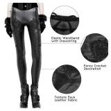 Punk Rave Womens High Waist Gothic Faux Leather Leggings Steampunk Lace Floral Patchwork Drawstring Trousers Pants Black (X Large)