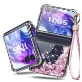 WDHD Designed for Motorola Razr 2024/Razr+ (Plus) 2024 Case, Glitter Bling Sparkly Floating Liquid Cute Phone Case with Diamond Wrist Strap Lanyard (Rose Gold)