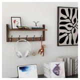 VERTORGAN Coat Hooks with Shelf, Coat Rack Shelf Wall Mounted, Wood Coat Rack, Entryway Hanging Shelf with 5 Metal Hooks (Brown)