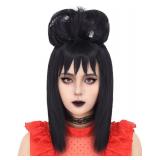 Ariker Women Black Wig for Lydia Deetz Costume Women Cute Short Black Wig with Bun for Halloween Costume Party AK038BK