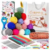 Coopay Crochet Kit Beginners Crochet Starter Kit with 15 Colors Yarn, 71PCS Crochet Beginners Set Amigurumi Crochet Kit for Kids/Adults, Cat Canvas Tote Bag Full Crochet Accessories & Instructions (Mi