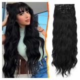 BARSDAR Clip in Hair Extensions, 20 Inch 5PCs Long Wavy Black Hair Extensions Clip in, Thick Soft Synthetic Clip in Hairpieces for Women Girls Daily Party Halloween- Natural Black