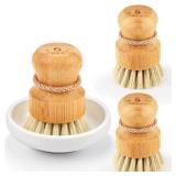 Bamboo Dish Scrub Brushes by Subekyu, Kitchen Wooden Cleaning Scrubbers Set for Washing Cast Iron Pan/Pot, Natural Sisal Bristles, Set of 3