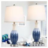 28â Tall Table Lamps Set of 2, Ceramic Bedside Lamps with USB Ports, Navy Blue Lamps for Nightstand, Coastal Lamp with White Fabric Shade, Table Lamp for Living Room, Large Bedroom Lamps for End 