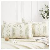 jinchan Fall Linen Pillow Covers Farmhouse Boho Green Striped Mudcloth Pattern Cushion Covers Textured Durable Pillowcases for Sofa Couch Bed Living Room 12x20 Inch Green Pack of 2