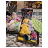 Easter decor, buckets, stuffed animals, coloring cups, eggplate, Stomp Rocket game