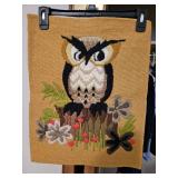 Three small wall hangings, one Christmas, one floral, one owl