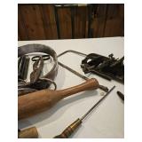 Miscellaneous leather belt, a scale, mallet, number 78 antique Stanley plain, a hollow auger dowel Tenon cutter, Powderhorn