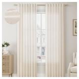 BOODII Cream Semi Sheer Textured Linen Curtains 96 Inches Length Long, 2 Panels Set for Bedroom Dining Living Room,Back Tab,Rod Pocket,Clip Rings Light Filtering Window Drapes,W52 x L96,Natural