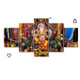 Ganesha Canvas Paintings Canvas Wall Art 5 Panel Hindu God Wall Art for Living Room Worship of Ganesha Pictures Modern Home Decor Canvas Wall Art Posters and Prints Framed Ready to Hang (60"Wx32"H) (R