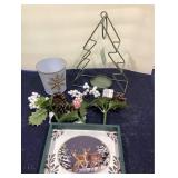 Green Wire Christmas Tree Candle Holder (9 1/1 In T), Framed Deer Picture, Three Christmas Tree Sticks, and One White Tin with Snowflake