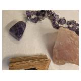 Crystals + Gemstone - Amethyst Necklace, rose quartz, Moss Agate, Kansas Selenite, Kiwi Jasper, Tigers Eye, Shell