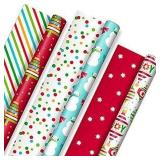 Hallmark Reversible Christmas Wrapping Paper for Kids (3 Rolls: 120 sq. ft. ttl) Orange and Teal Stripes, Trees, Ornaments, Polka Dots (B088SNR499)