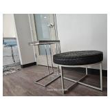 Round Black Stool And Wooden Chair Side Table