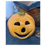 Fall Decor, Metal Basket, Wood and Metal Leaves, Ceramic Pumpkins