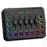 Gaming Audio Mixer, Streaming RGB PC Mixer with XLR Microphone Interface, Individual Control, Volume Fader, 48V Phantom Power, for Podcast/Recording