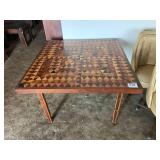 UNIQUE VINTAGE HANDMADE TABLE, MULTIPLE TYPES OF WOOD, LEGS REMOVE